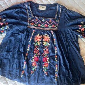 Savanna Jane Navy Blouse with Floral Embroidery 2X